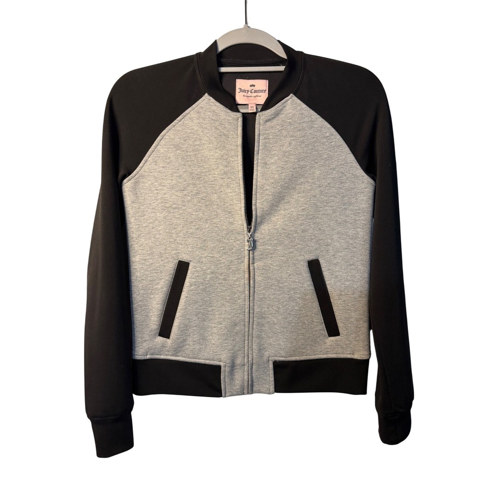 Juicy Couture Bomber Jacket Grey Black Colorblock Full Zip Logo Womens XS Coat